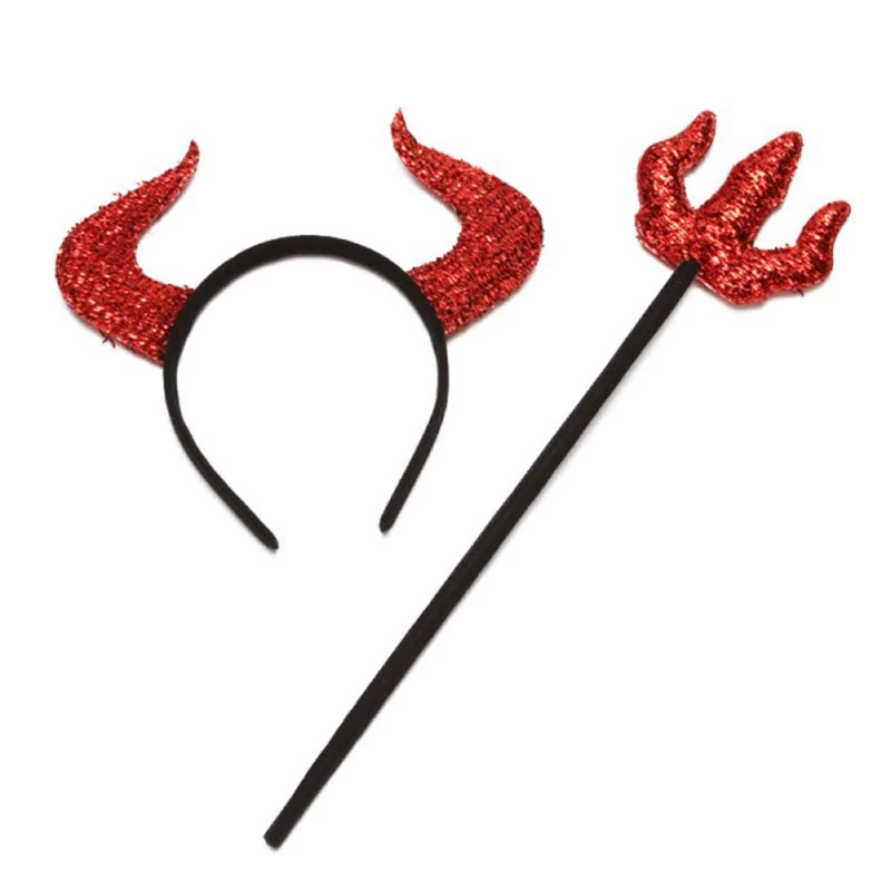 Pandecor Devil Costume Set Glitter Red Devil Horns Headband,Devil Red Pitchfork,Red Devil Tail and a Red Bow 