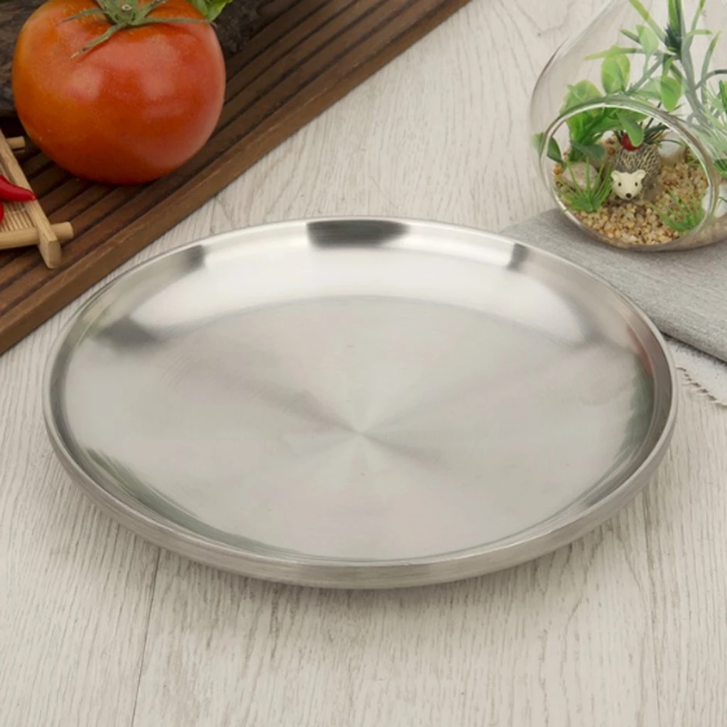 Stainless Steel Flat Dish plate Double Insulated Thick Platter for BBQ No Corners Durable Drop-Resistant