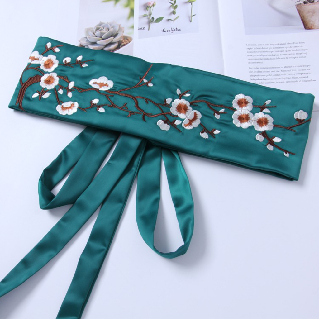 Vintage Style Embroidered Flower Pattern Waistband Obi Belt Corset Belt with Self Tie Long String for Special Dress