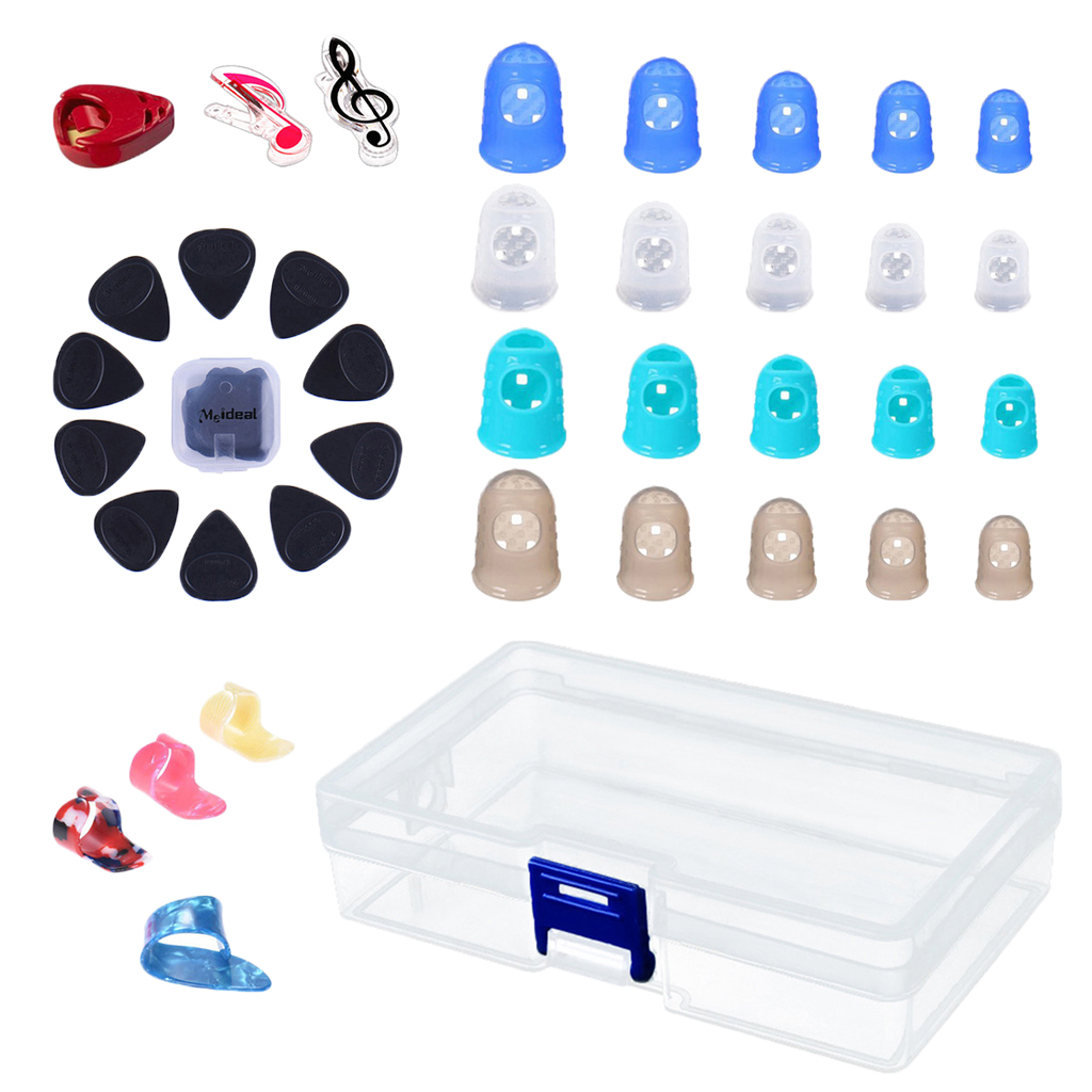 Durable 1 Set Guitar Bass Accessory, Silicone Fingertip+Picks+Page Clips+Picks Holder+ Box