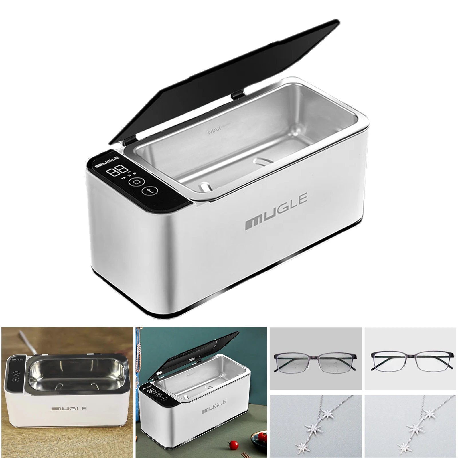 Professional Ultrasonic Jewelry Cleaner with Digital Timer for Eyeglasses, Rings, Coins (White)