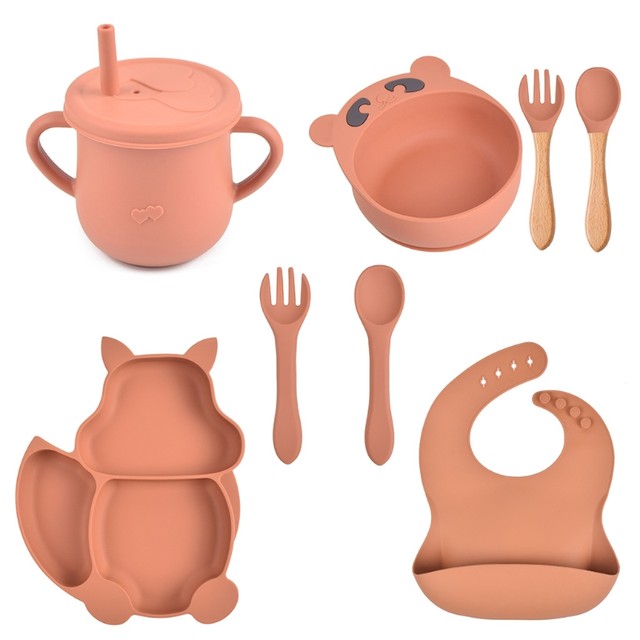 Bavoir en Silicone pour bébé, assiette à dîner divisée, bol à ventouse,  cuillère fourchette paille, ensemble de tasses, entraînement, alimentation,  ustensiles alimentaires, 8 pièces acheter à prix bas — livraison gratuite,  avis