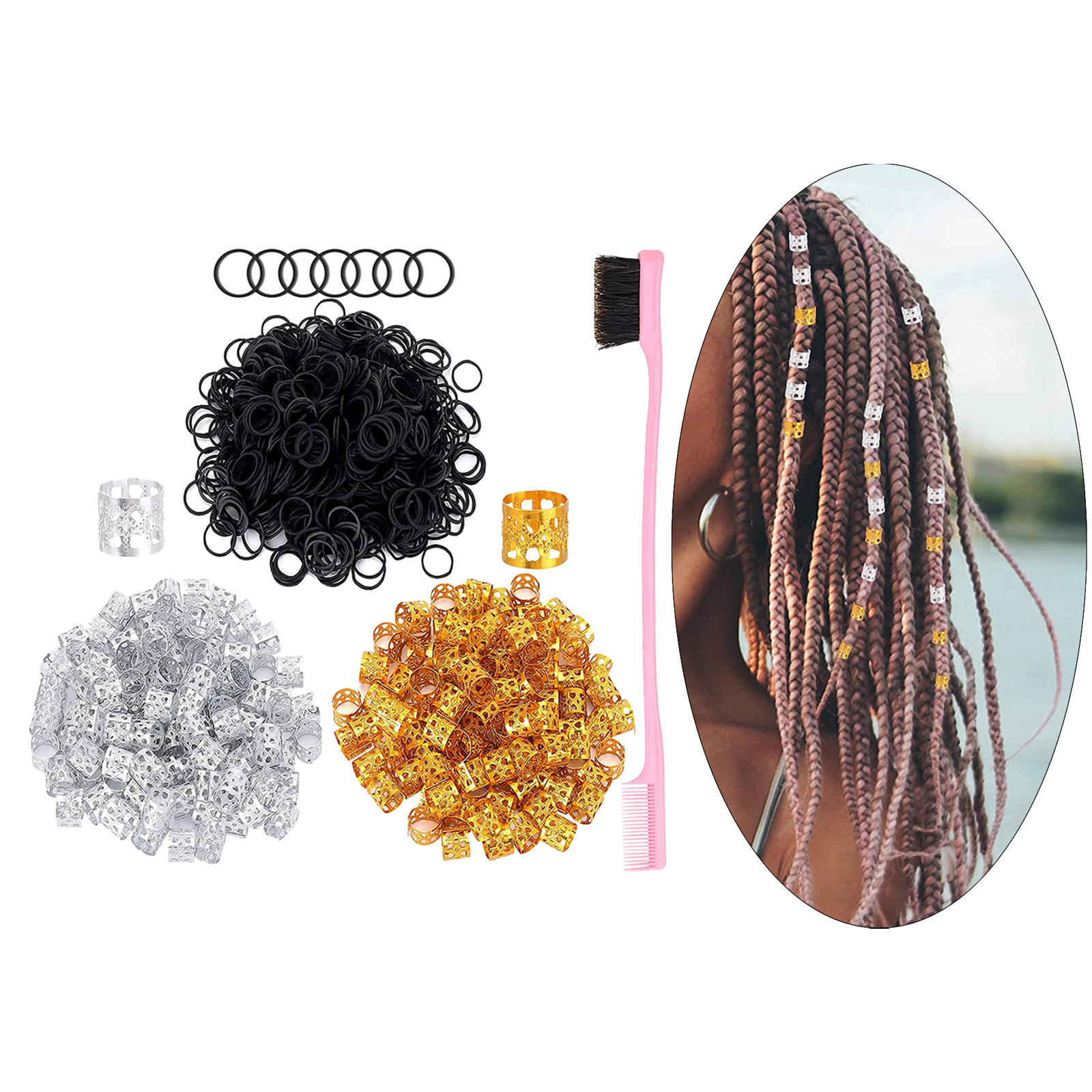 1201Pcs Dreadlock Beads Black Rubber Bands Accessory with Double-Ended Eyebrow Brush Jewelry Metal Hair Tube Beads for Braids