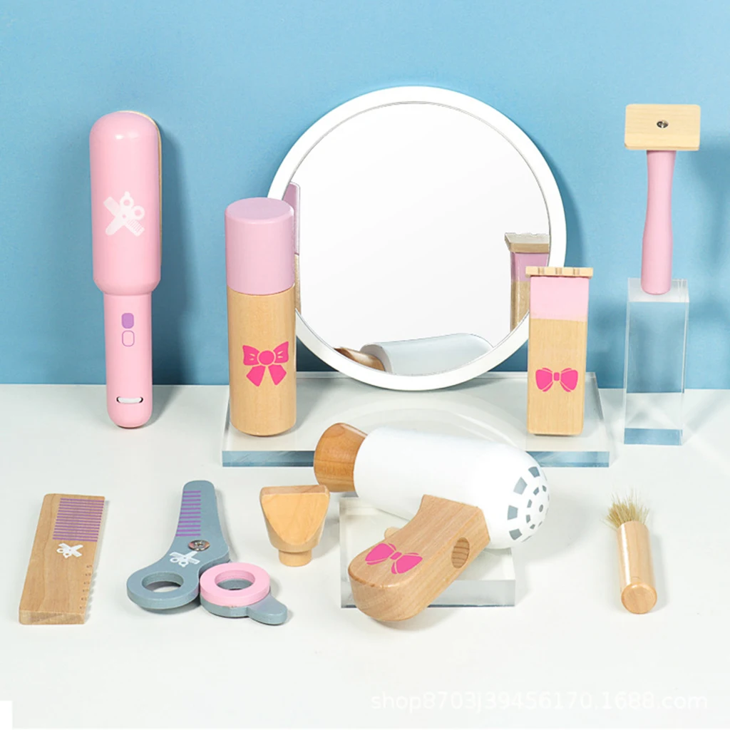 Wooden Beauty Salon Toys for Girls Makeup Playset Hair Cutter Set Gift