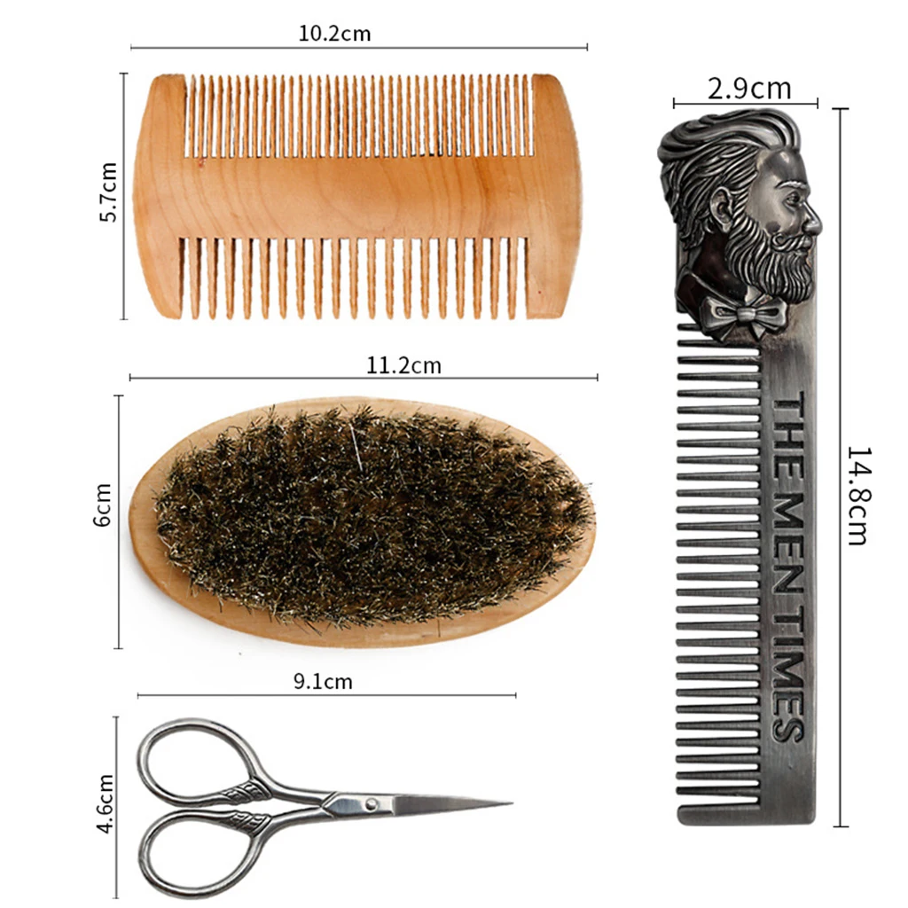 Kit of 4 - Portable Beard Brush / Beard Scissor / Lice Comb /Wide Tooth Comb