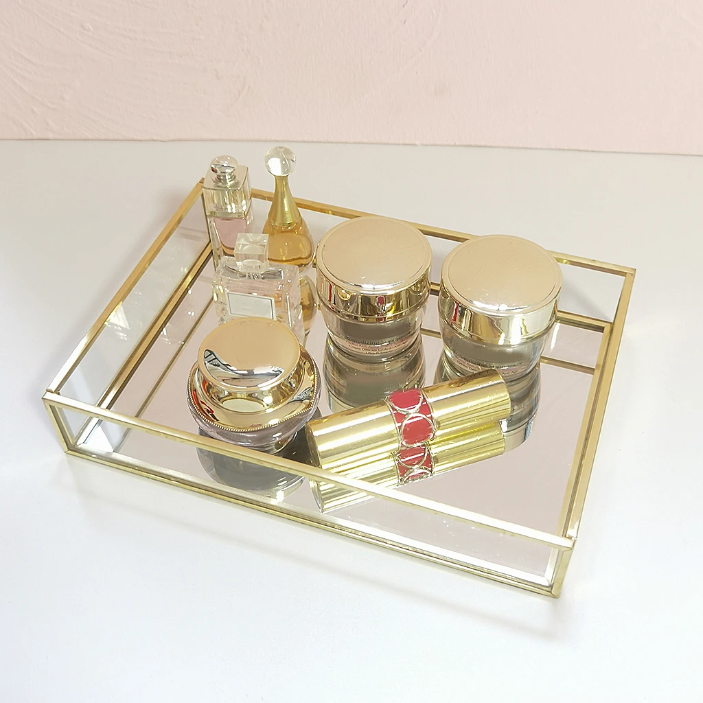 Retro Rectangle Glass Mirror Decorative Storage Tray Desert Jewelry Display