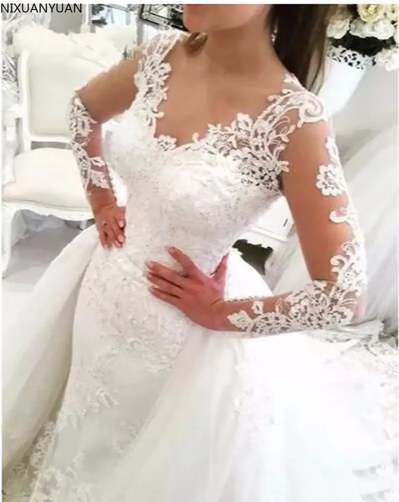 Vestido De Noiva Lace Mermaid Wedding Dress with Detachable Skirt Backless Long Sleeve Bridal Wedding Gowns ball gown wedding dress