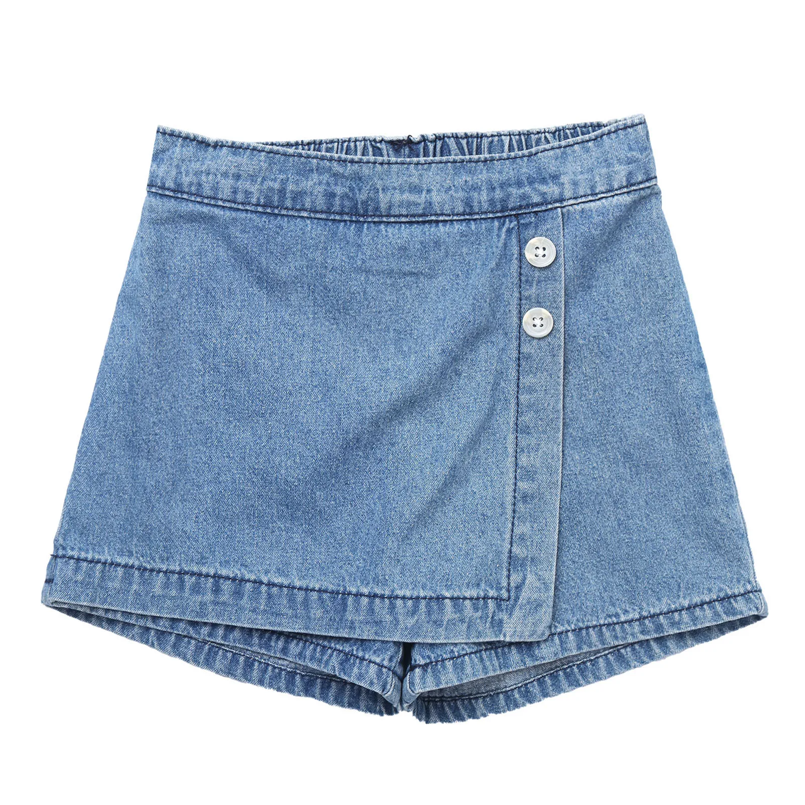 Oyolan Kid Girls Denim Button Front Solid Color Irregular Hem A-line Skirt Mini Skort Pantskirt Casual Shorts 