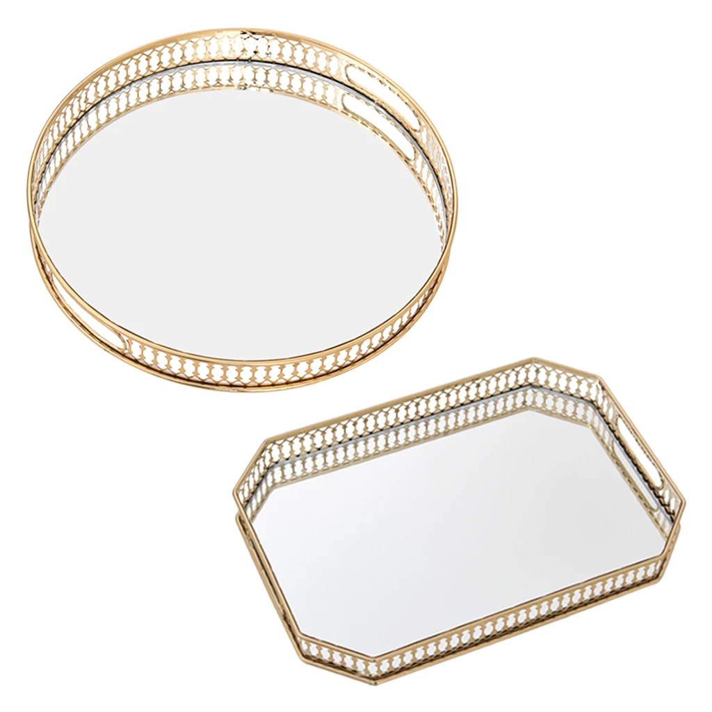 Mirrored Glass Metal Vanity Tray, Ornate Decorative Tray for Perfume Jewelry Makeup Plate