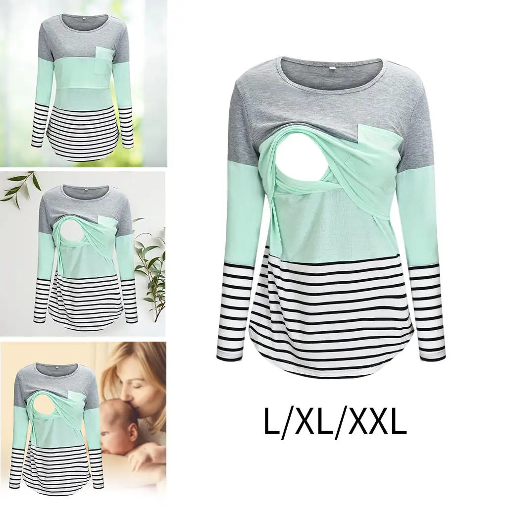 Womens Maternity T-Shirt Lift-up Striped Round Neck Long Sleeve Cotton Layered Design Pregnancy Clothes Nursing Tops