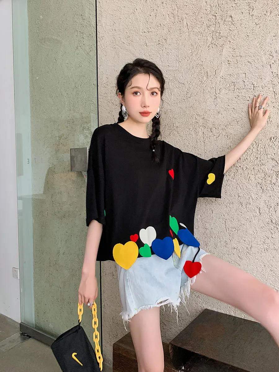 H5113bcd5d2e34a6aa4c439b9b970c6aem - Summer Korean O-Neck Short Sleeves Colorful Heart Patch T-Shirt