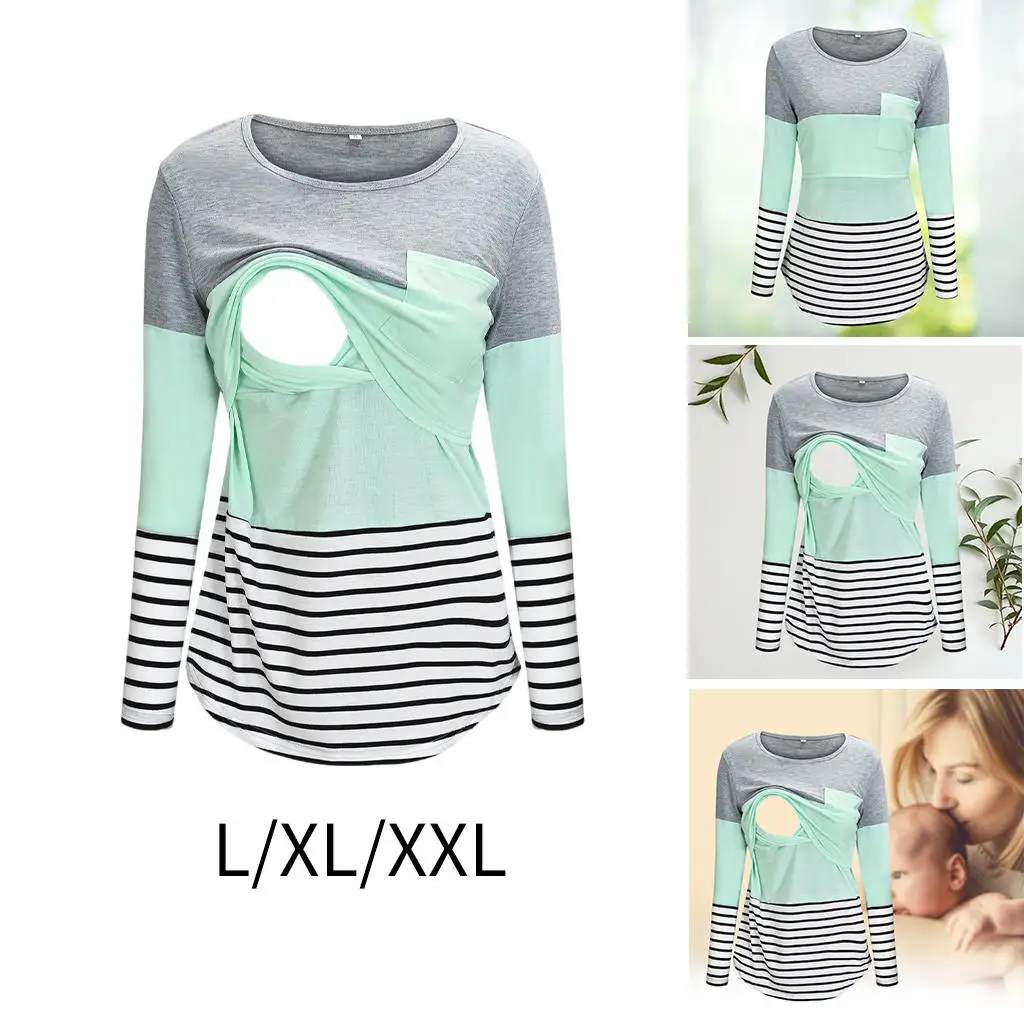 Womens Maternity T-Shirt Lift-up Striped Round Neck Long Sleeve Cotton Layered Design Pregnancy Clothes Nursing Tops