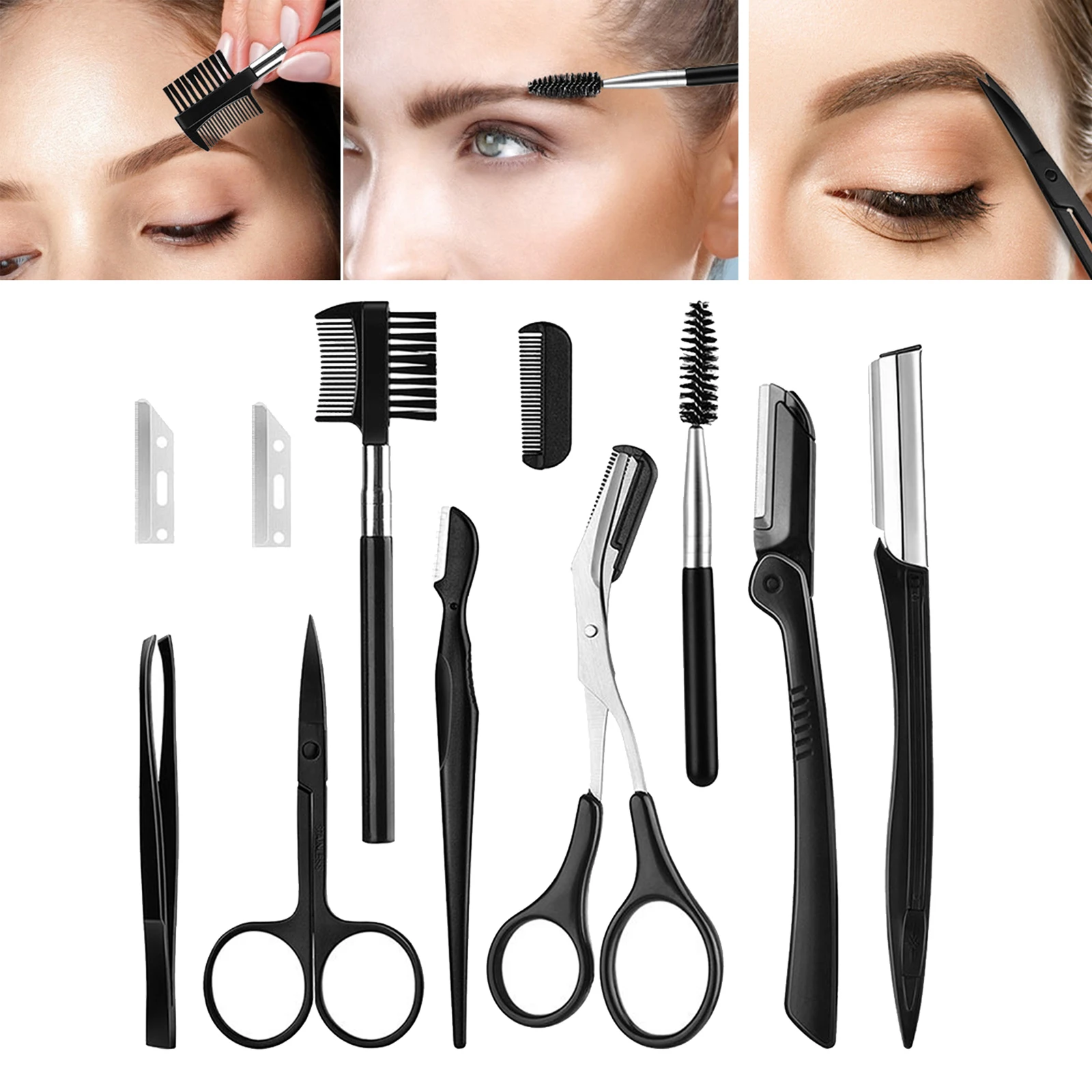 11 Pcs Eyebrow Trimming Kit Includes Eyebrow Scissors, Tweezer, Eyebrow Razor, Shaping Scissors Brush Comb for Women & Men
