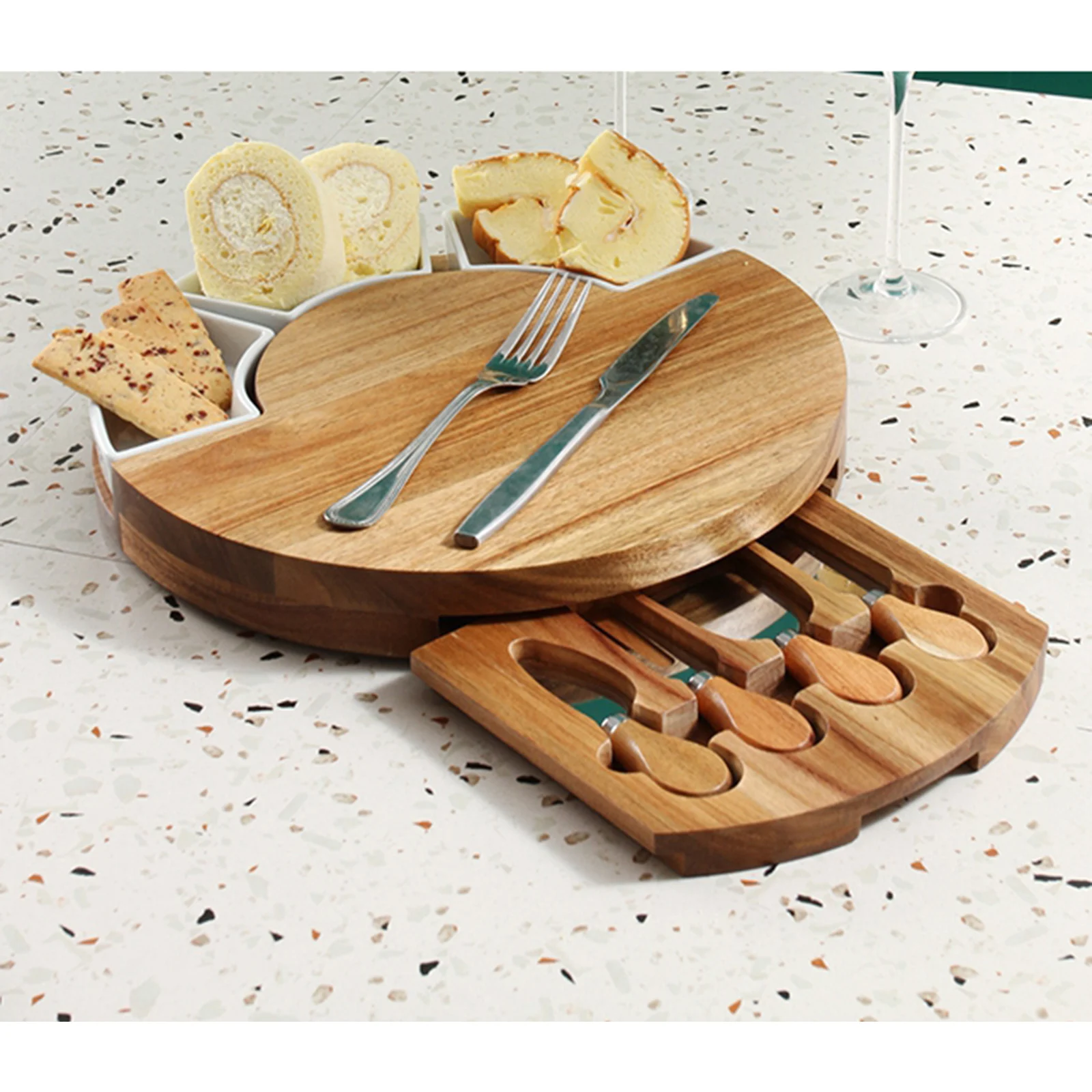 Bamboo Cheese Board Platter and Knife Set Cutting Serving Tray for Wine Brie Server Fancy House Warming Gift