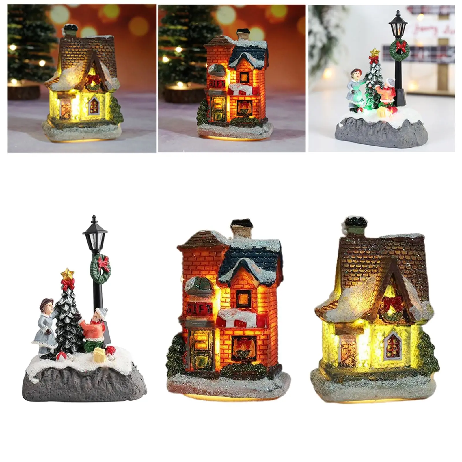 2x Christmas Snow House Cottage LED Resin Village Lamppost Dollhouse Set Desktop Fairy Garden Holiday Festival Decor Ornament