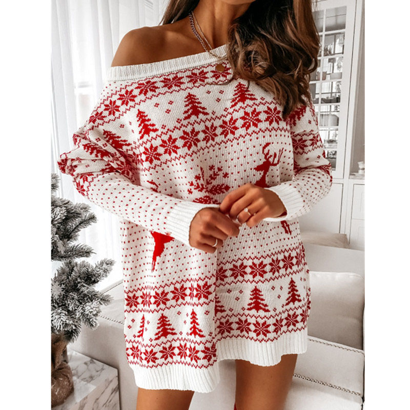 camisola feminina quente natal jacquard vestido de malha solto ajuste manga longa pescoço vestido para outono inverno streetwear