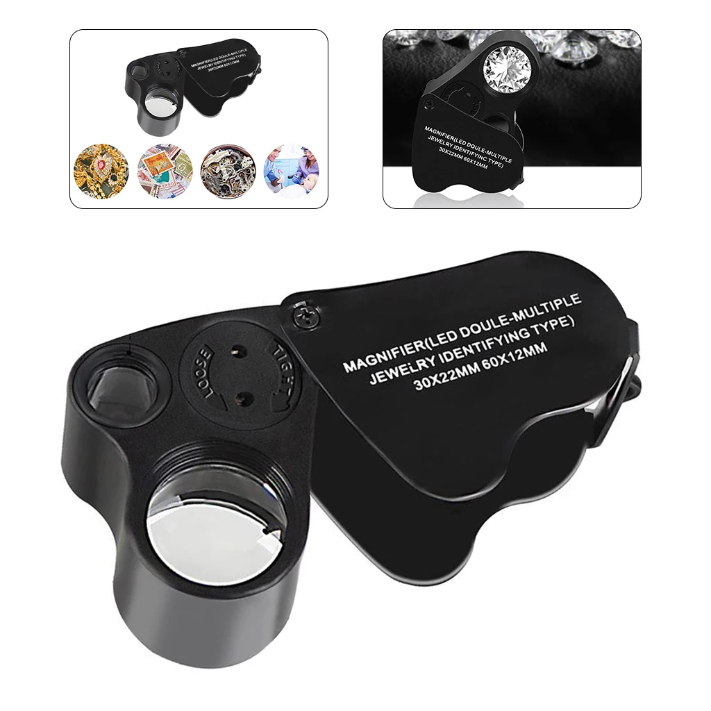 30X 60X Jewellers Loupe, Folding Jewellery Magnifier Eye Loop with LED Light, Magnifying Glass for Diamonds, Jeweller, Stamps