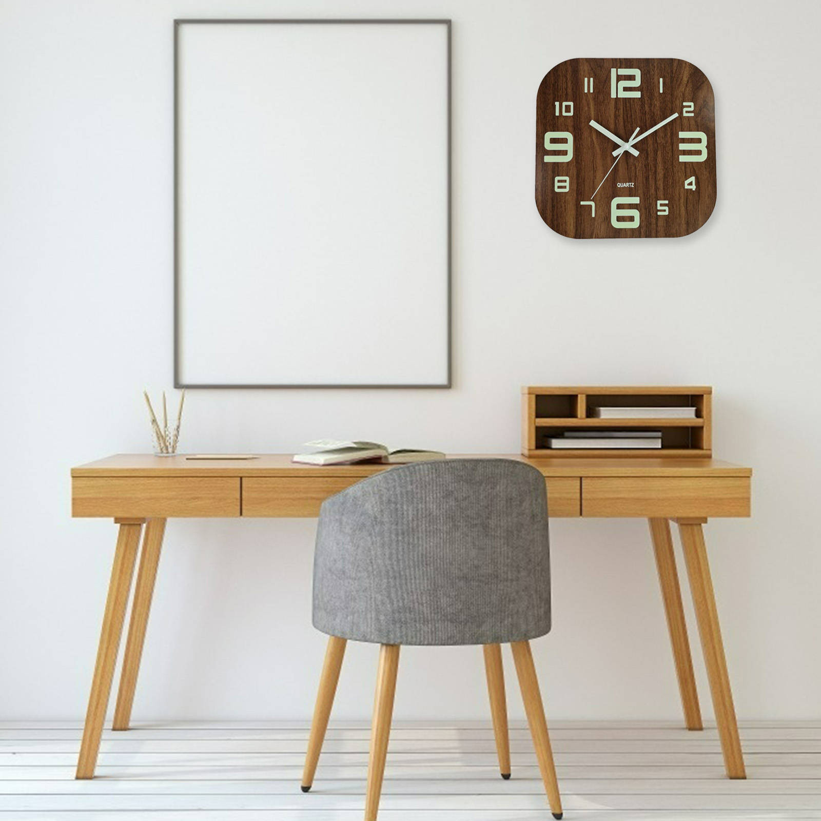 Modern Wall Clock 30cm Wood Decorative Night Light Non-Ticking Battery Operated Glow in Dark Luminous for Classroom Living Room