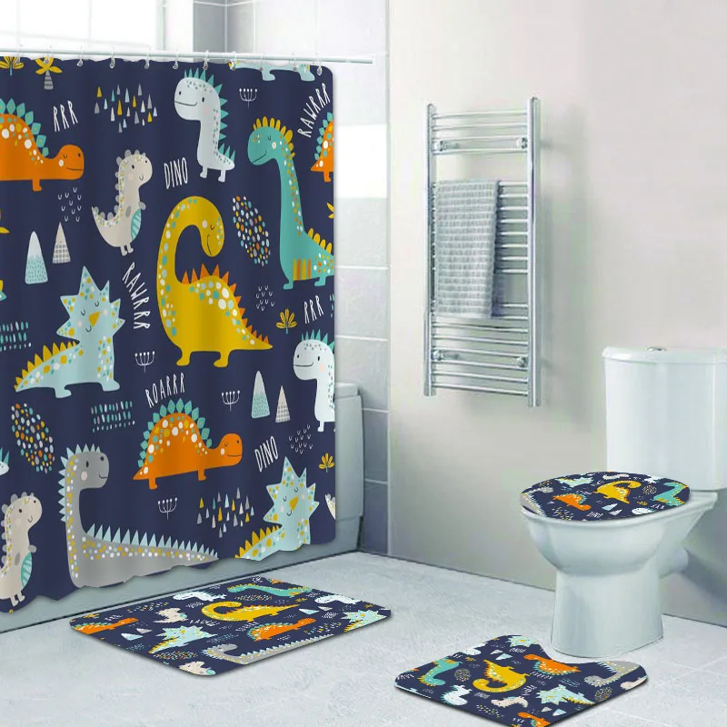 Unicorn Dinosaur Bathroom Shower Curtain Carpet mat Toilet Mat Doormat 1P/3PS 