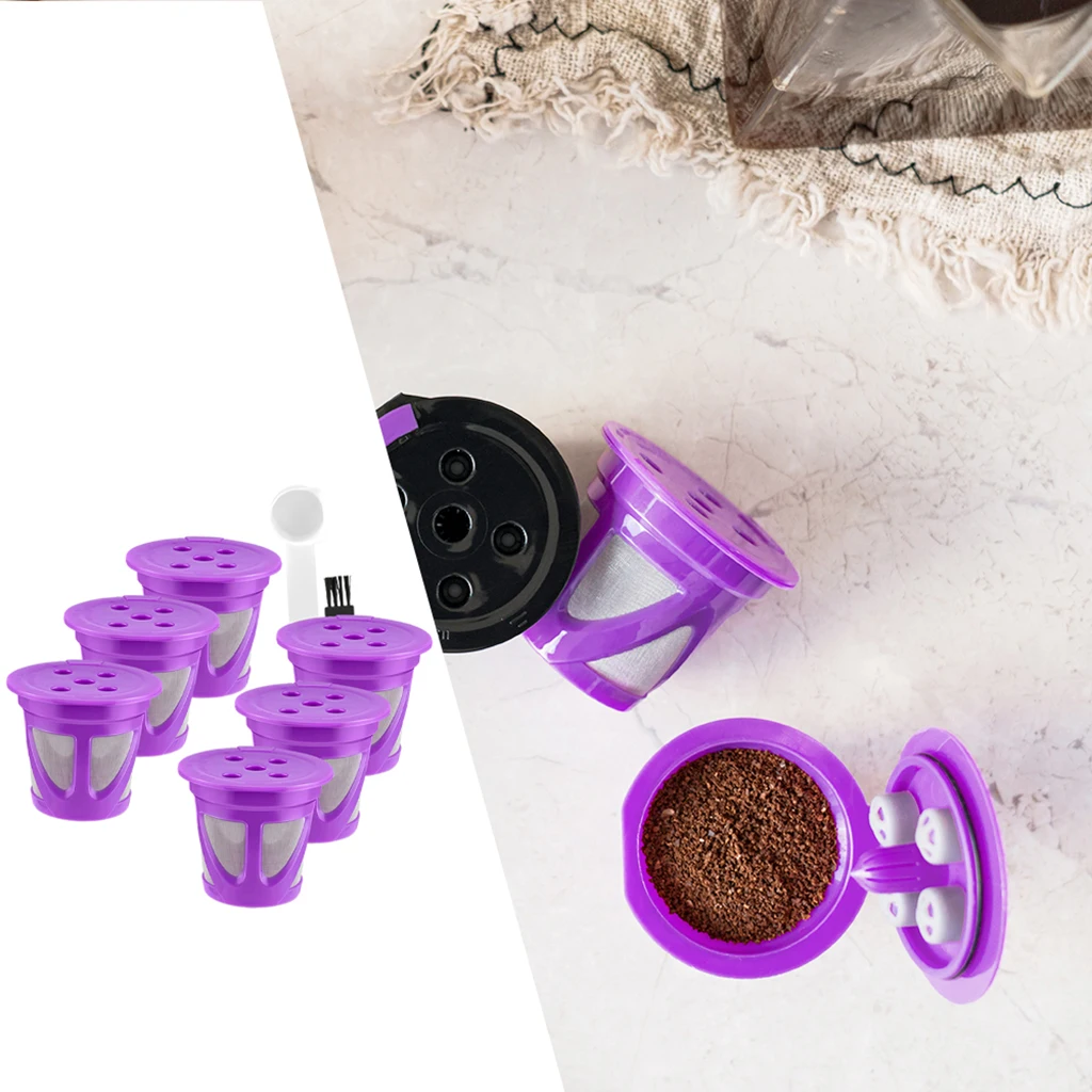6pcs Refillable Kitchen Coffee Capsule Filter Cup with Brush & Spoon Gifts for Coffee Lovers