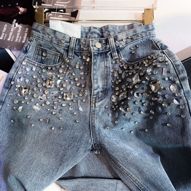 Completo Diamante Rhinestone Casual Calças Jeans Baggy