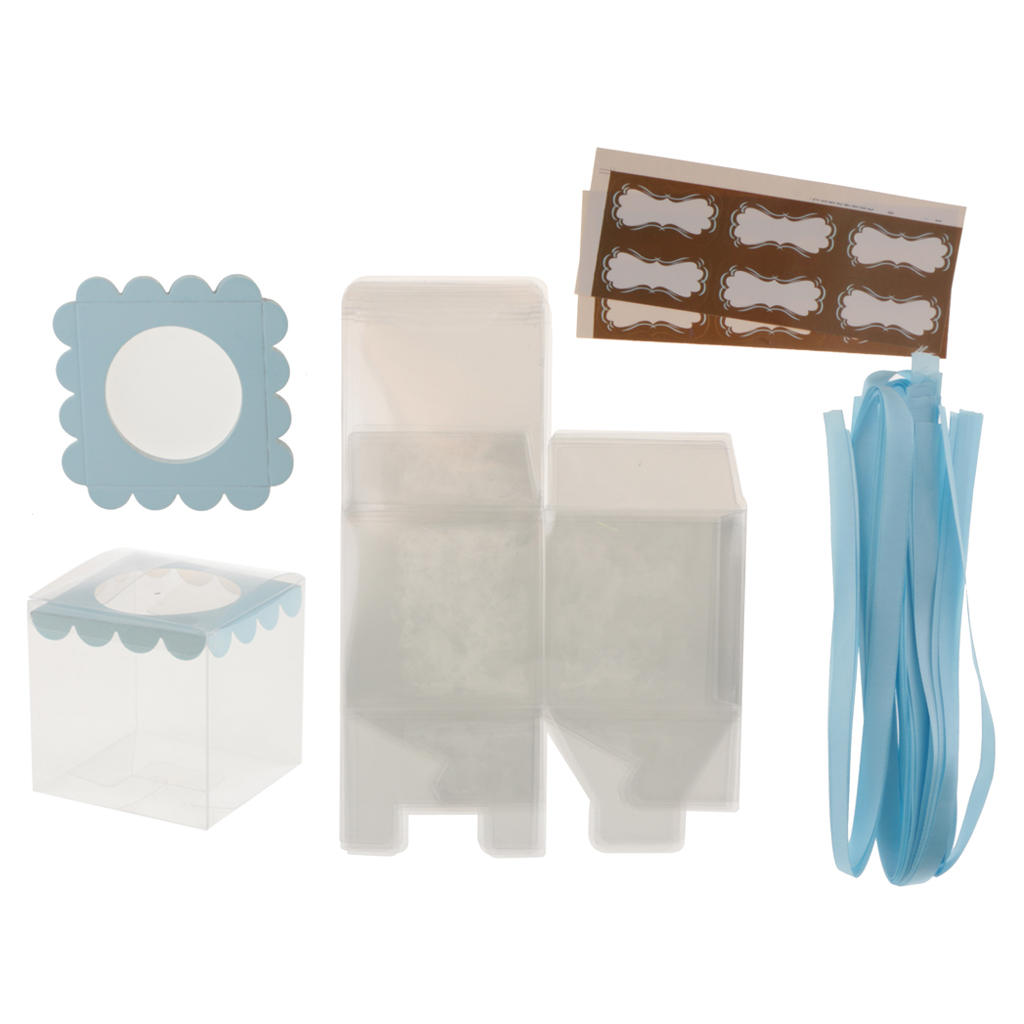 MagiDeal 12x Clear Plastic Cube Cupcake Boxes Mini Cake Container with ribbon
