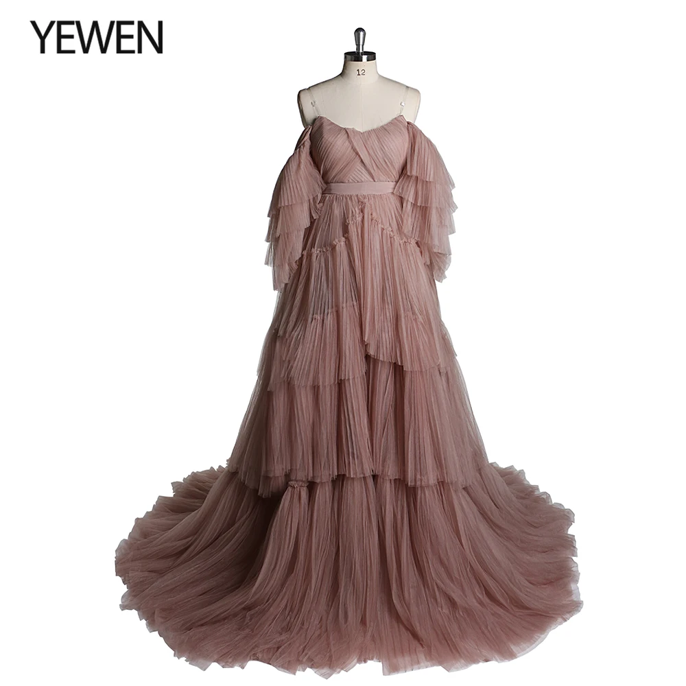 evening wear for women Open Front Off Shoulder Maternity Dress  Lace Up Special Tulle Evening Dresses 2020 Yewendress YW2051 green evening gown