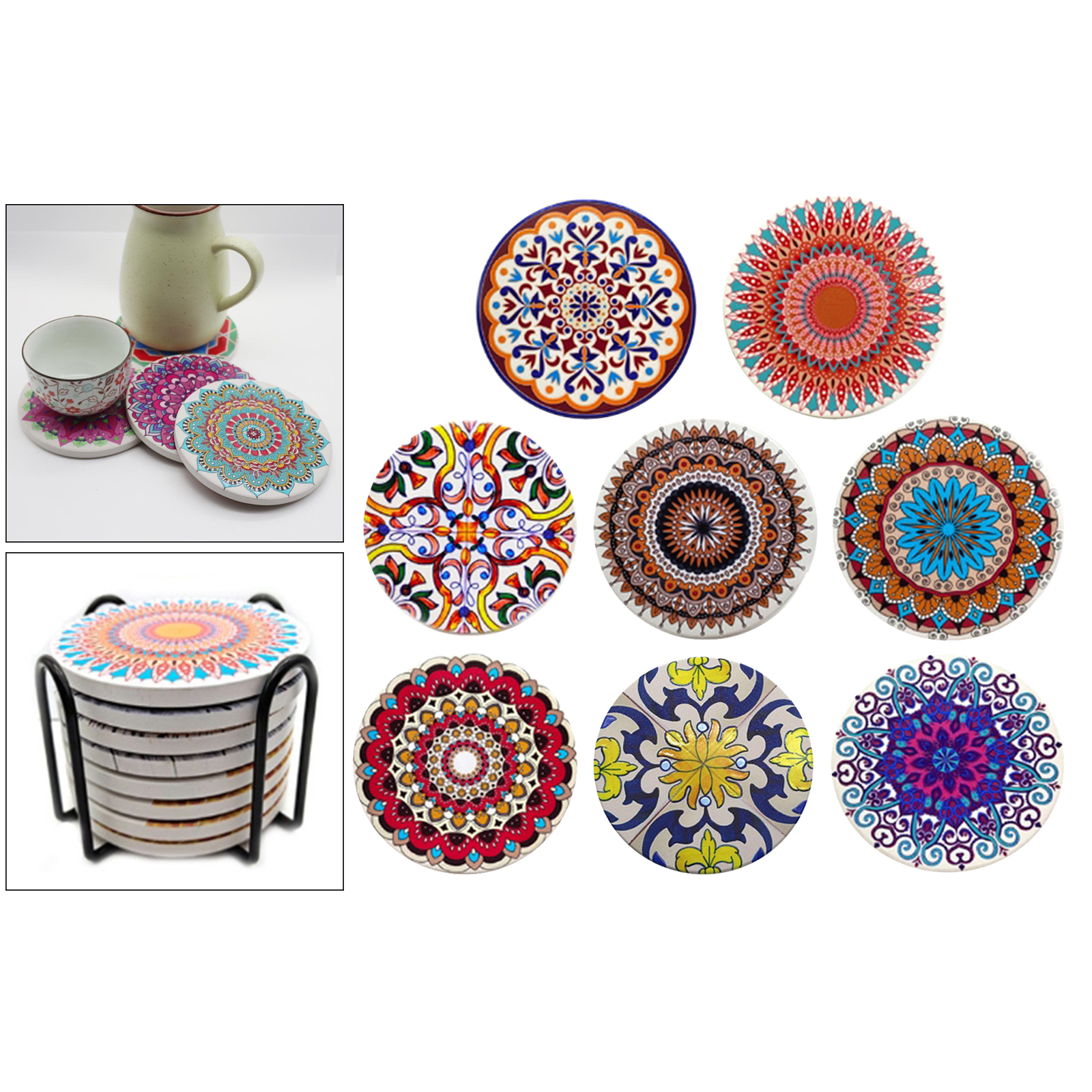 6/8pcs Heat-insulated Ceramic Cork Base Round Cup Coasters Drinks With Storage Holder Dining Table Decor Housewarming