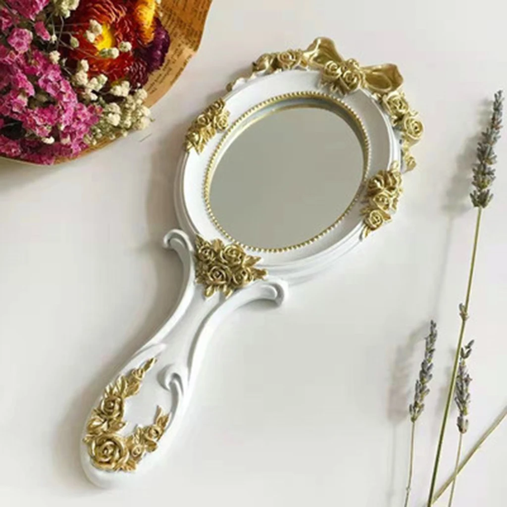 Nordic Style Vintage Handheld Embossment Roses Mirror Princess Oval Vanity Makeup Cosmetic Beauty Salon Tool Hand Held Mirrors