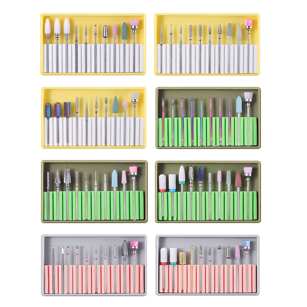 10x Nail Drill Bits with Cleaning Brush Set Manicure Tips Grinding Nail Bits Kit