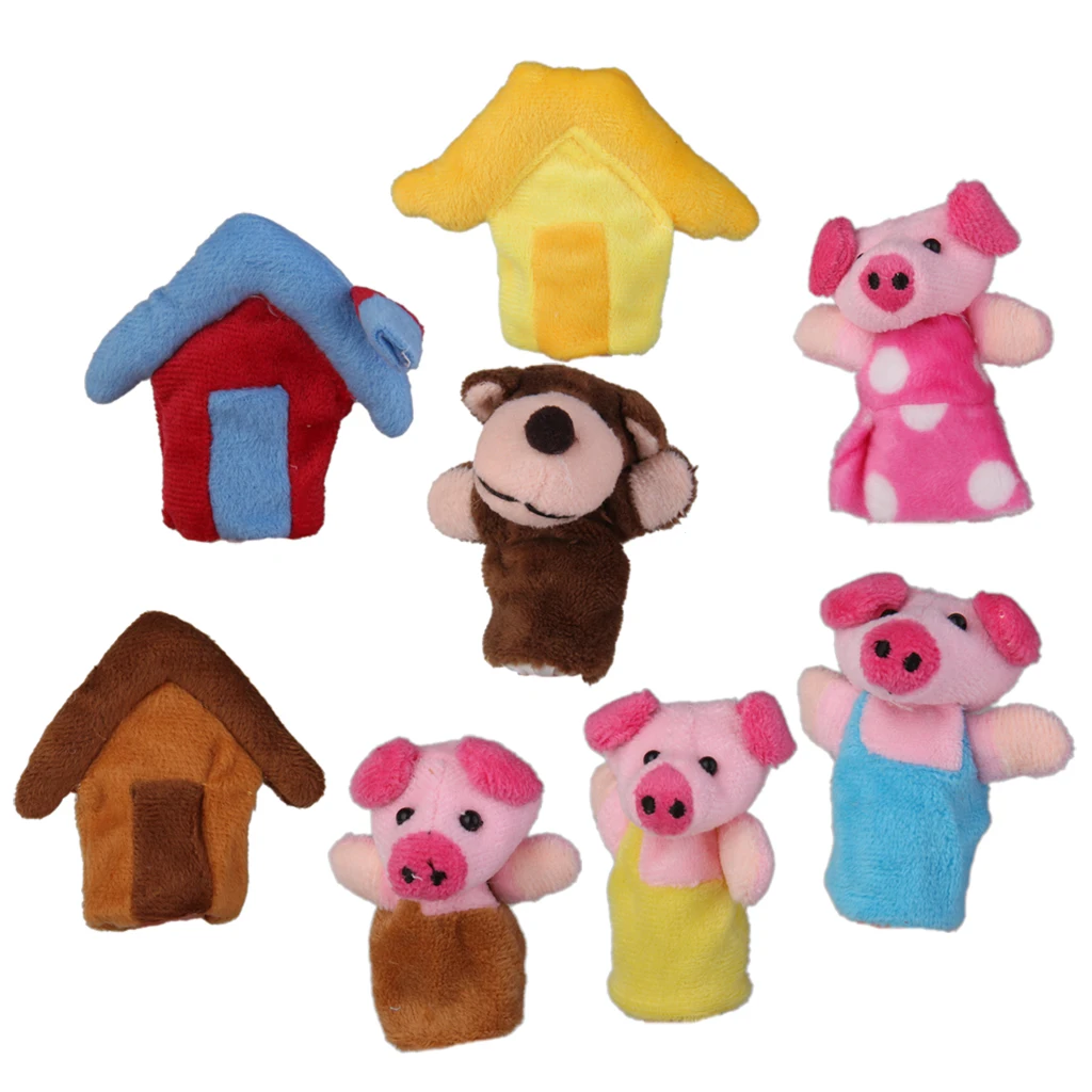 Set of 8 Three Little Pigs Story Velvet Finger Puppets Kids Educational Toy