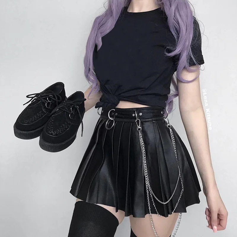 Punk Style Black Pu Leather Pleated Skirt Harajuku Zip Up High Waist Mini Skirt E-girl Gothic Grunge Emo Alt Clothes Women
