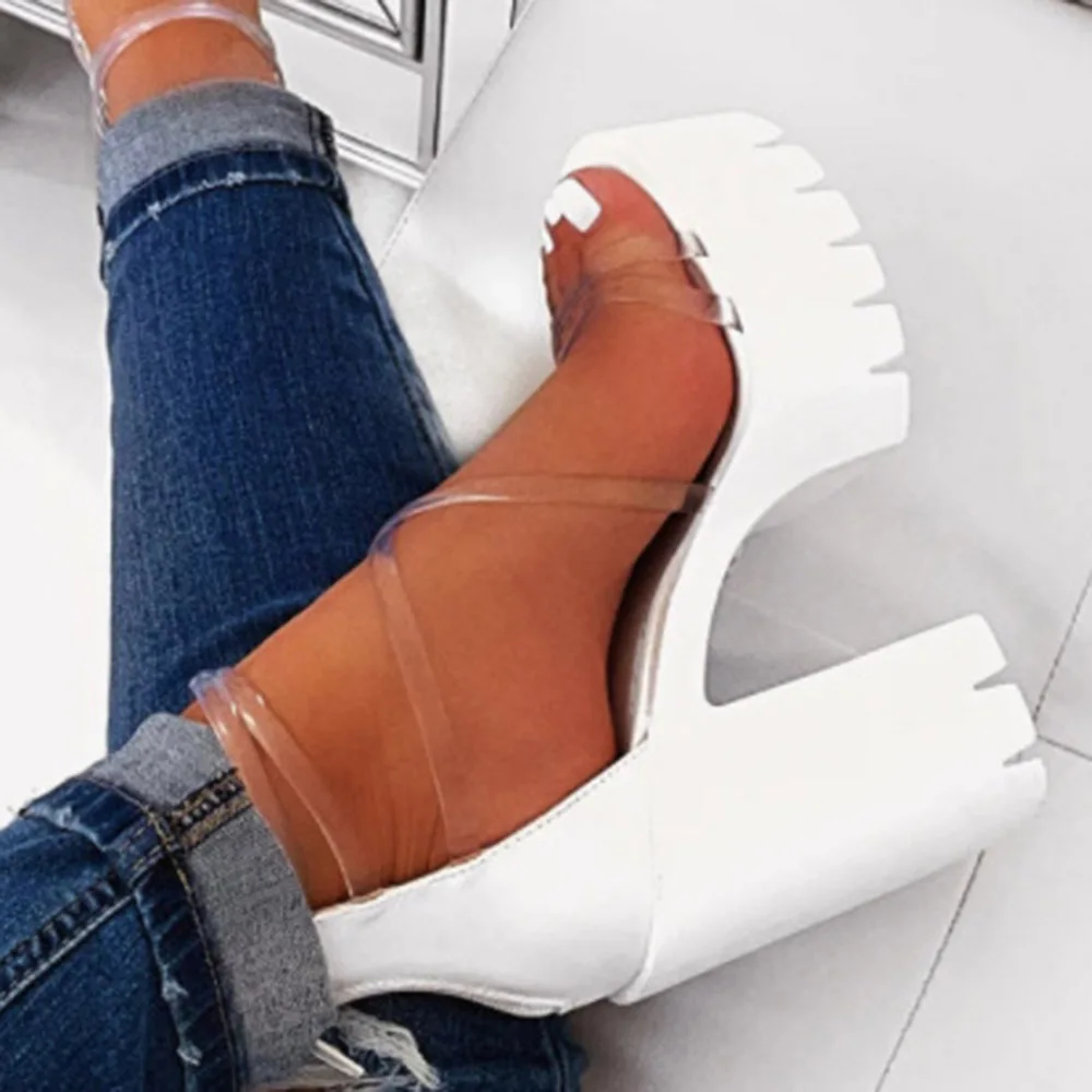 Night Club Party Platform Chunky Heel Sandals Summer Plus Size Shoes Transparent Gladiator Heel Sandals  Shoes Women