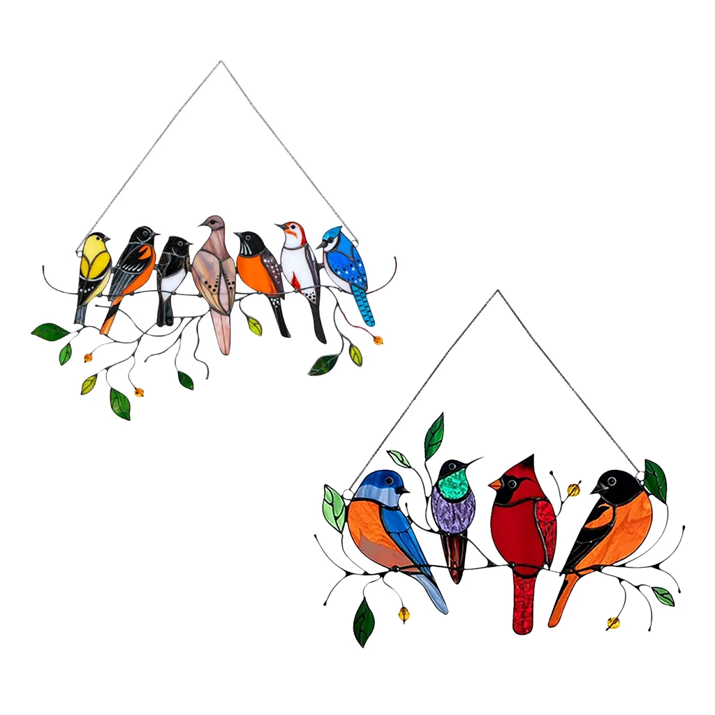 Hummingbirds Birds on a Wire Stained Glass Window Hanging Acrylic Panel  Outdoor Garden Home Decor Ornament Gift