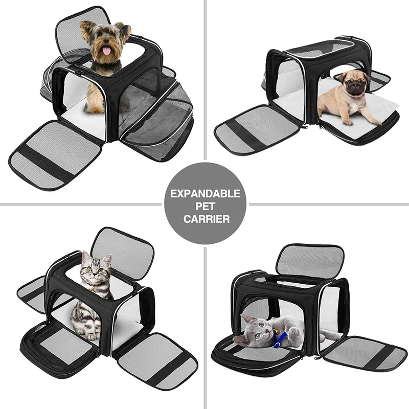 Un producto llamado Transportín para mascotas expandible. Está diseñado para ser un transportador portátil y versátil para mascotas, como gatos y perros pequeños. El transportista se muestra en cuatro configuraciones diferentes:

1