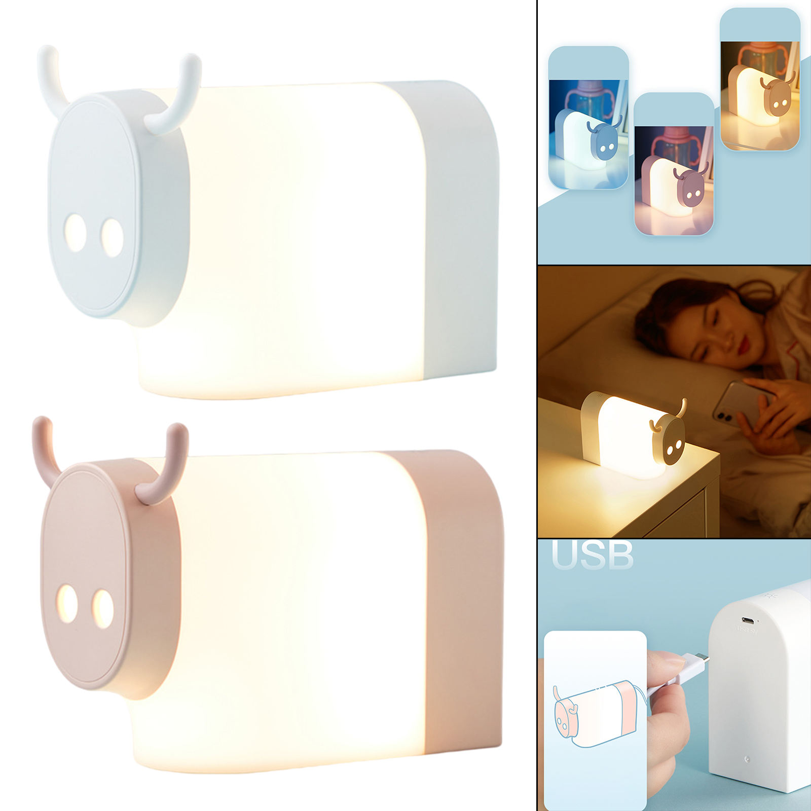 Bedside Lamp LED Animal USB Charging Dimmable Cow Night Light Lamp for Nursery Bed Kids Children Baby Table Desk Lamp Birthday