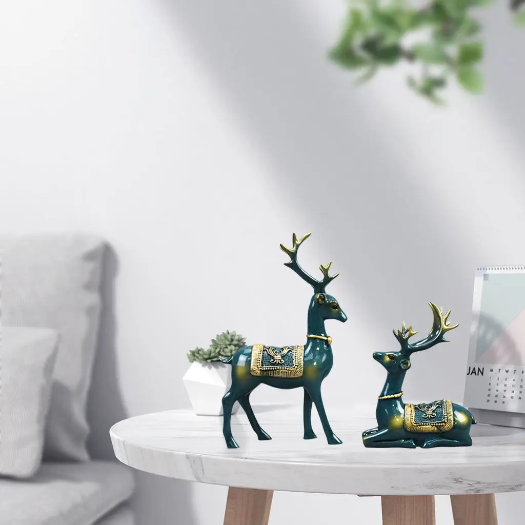 2X Resin Reindeer Lover Sculpture Elk Couple Deer Figurine Statue Home Office Decoration Feng Shui Ornament Wedding Gifts