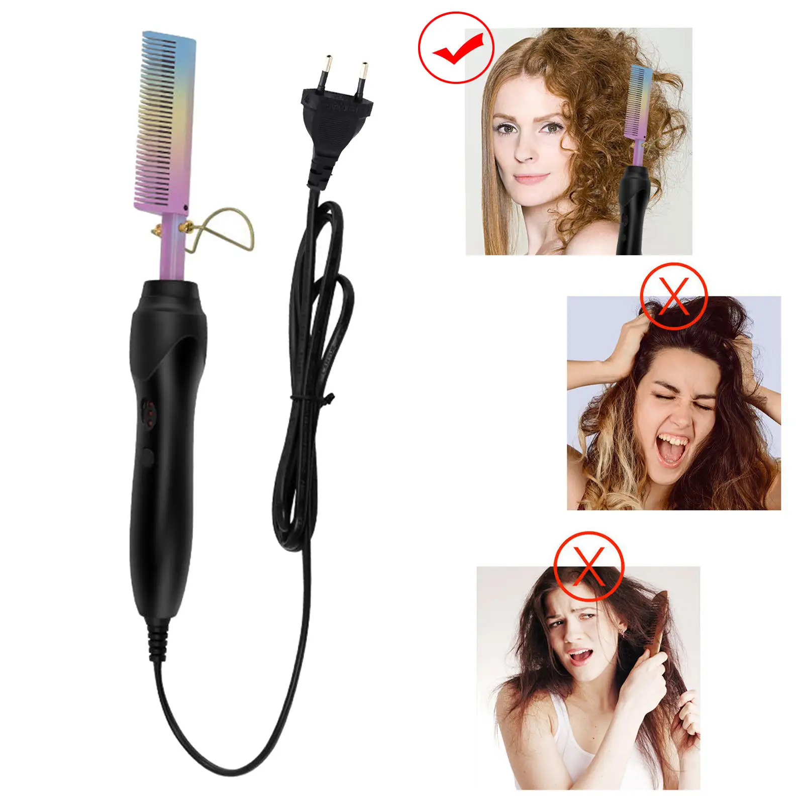 Electric Hair Straightener Comb Brush Anti-Scalding Hot Air Brushes Pressing Comb EU Plug Curly Hair Hair Styling Thick Hair
