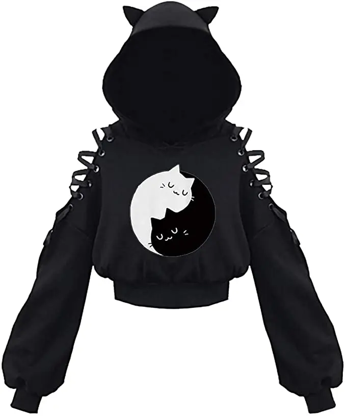 ying yang black cat hoodie with ears