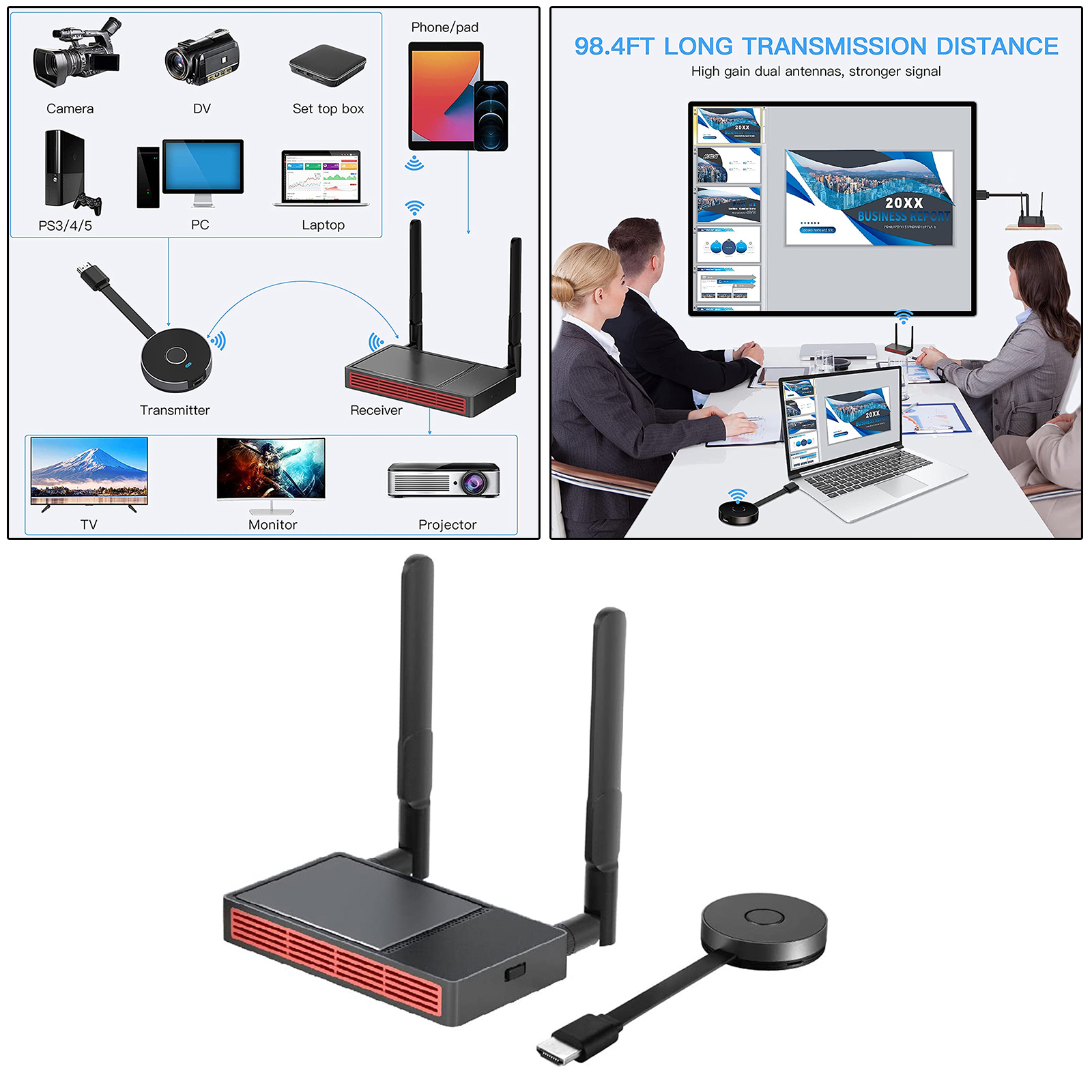 Wireless  Transmitter w/Receiver Wireless Display Dongle Mirroring Screen Plug and Play for Laptops PC Phone