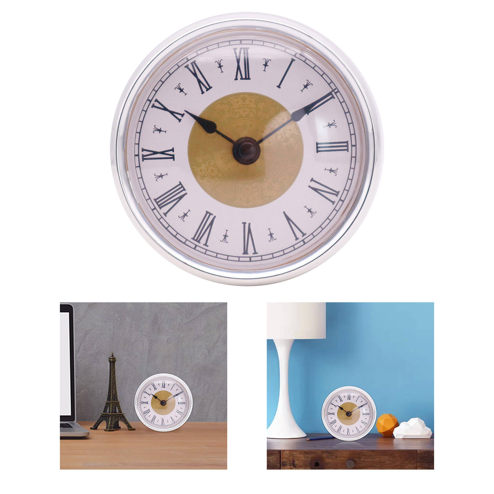 Round Quartz Clock Insert with Gold Flower Black Font Clock Face Roman Numerals