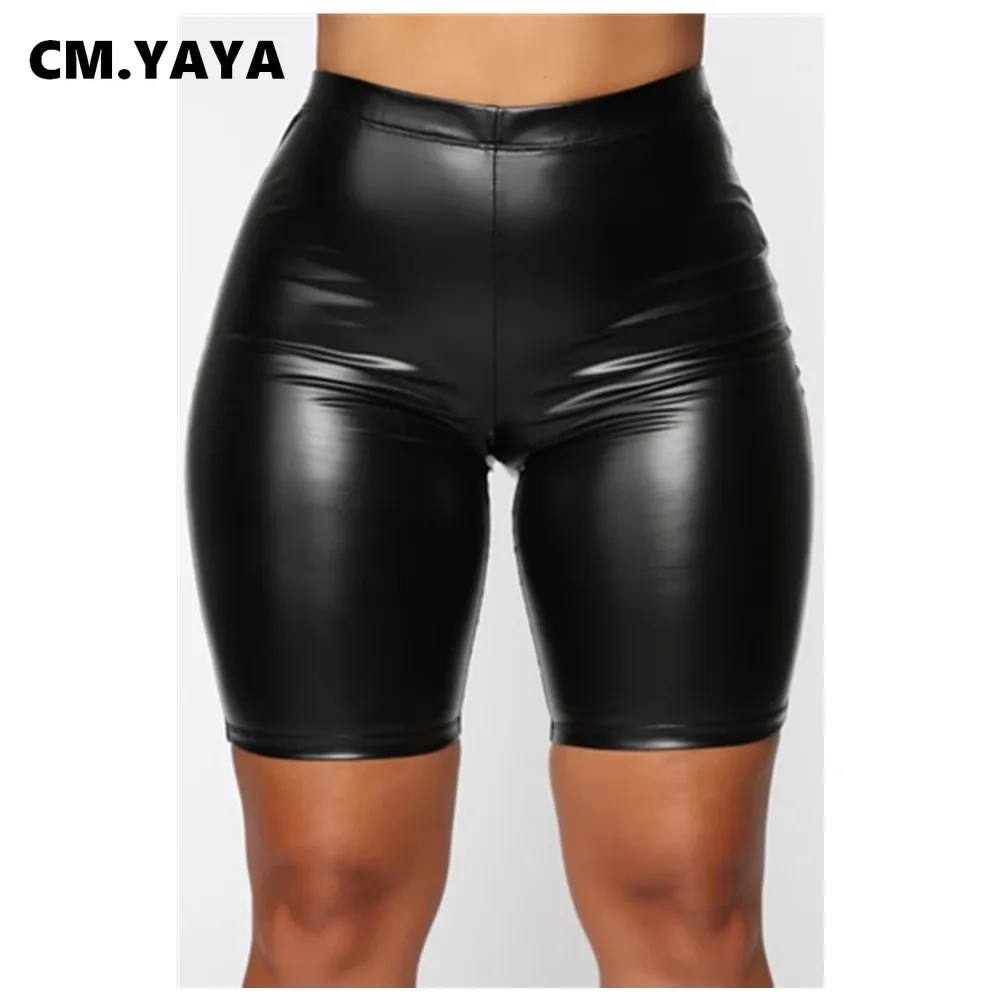 CM.YAYA Women Shorts Faux Leather Elastic Waist Stretchy Skinny Shorts Sexy Fashion High Streetwear Autumn Trousers 2021 old navy shorts
