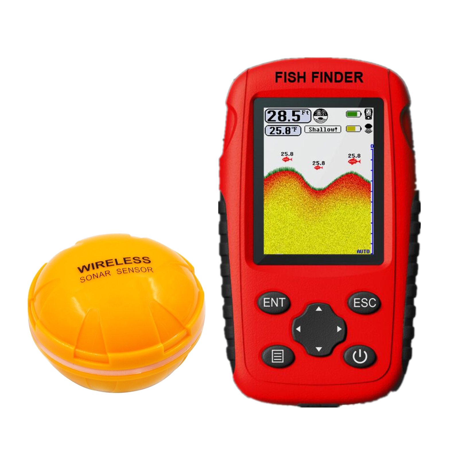 Portable Fish Finder Wireless Sonar Sensor Fishfinder Depth Locator with Fishes Size, Water Temperature, Bottom Contour Display