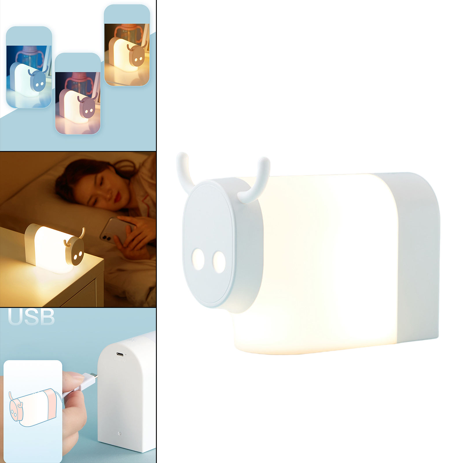 Bedside Lamp LED Animal USB Charging Dimmable Cow Night Light Lamp for Nursery Bed Kids Children Baby Table Desk Lamp Birthday