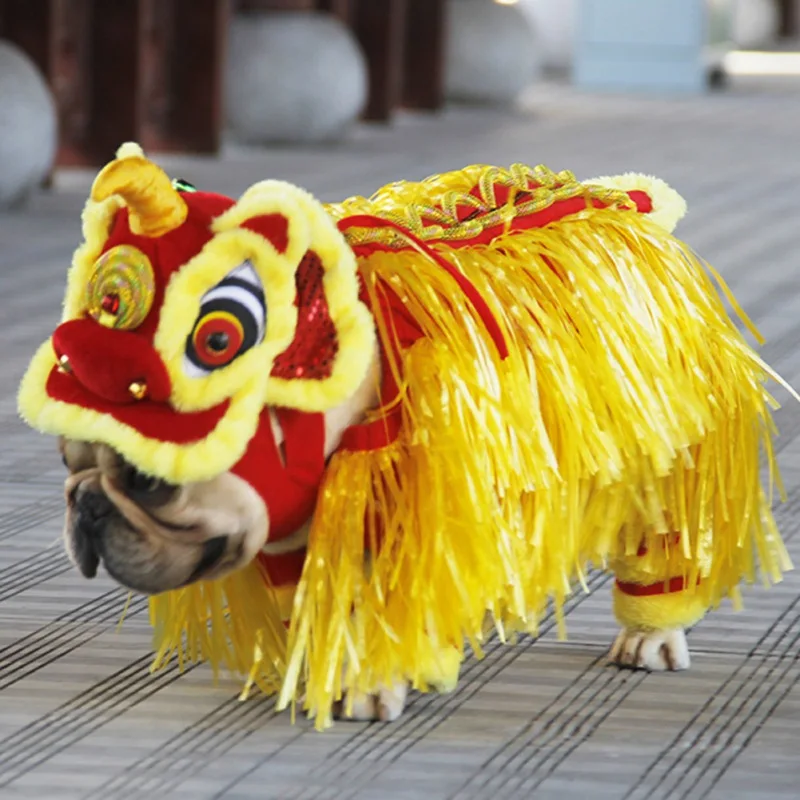 Un perro vestido con un disfraz que se asemeja a un dragón o una criatura mítica, a menudo asociado con las celebraciones del Año Nuevo chino.