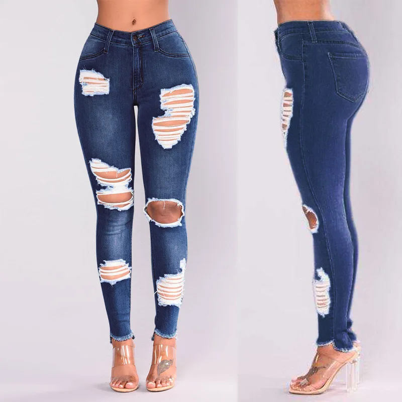Women's Stretch Cotton Ripped High Waist Retro Street Jeans
