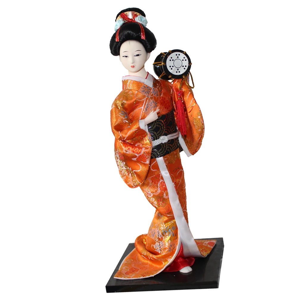 12inch Japanese Kimono Geisha Dolls Kokeshi Crafts Decoration Orange Clothes