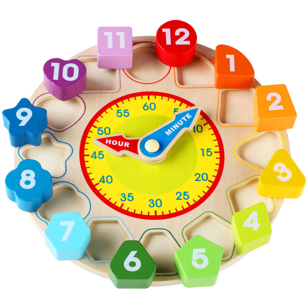 Montessori Wooden Shape Clock Puzzle, Teaching Time Sorting Number Blocks manually Movable Hour and Minute Hands for Kids