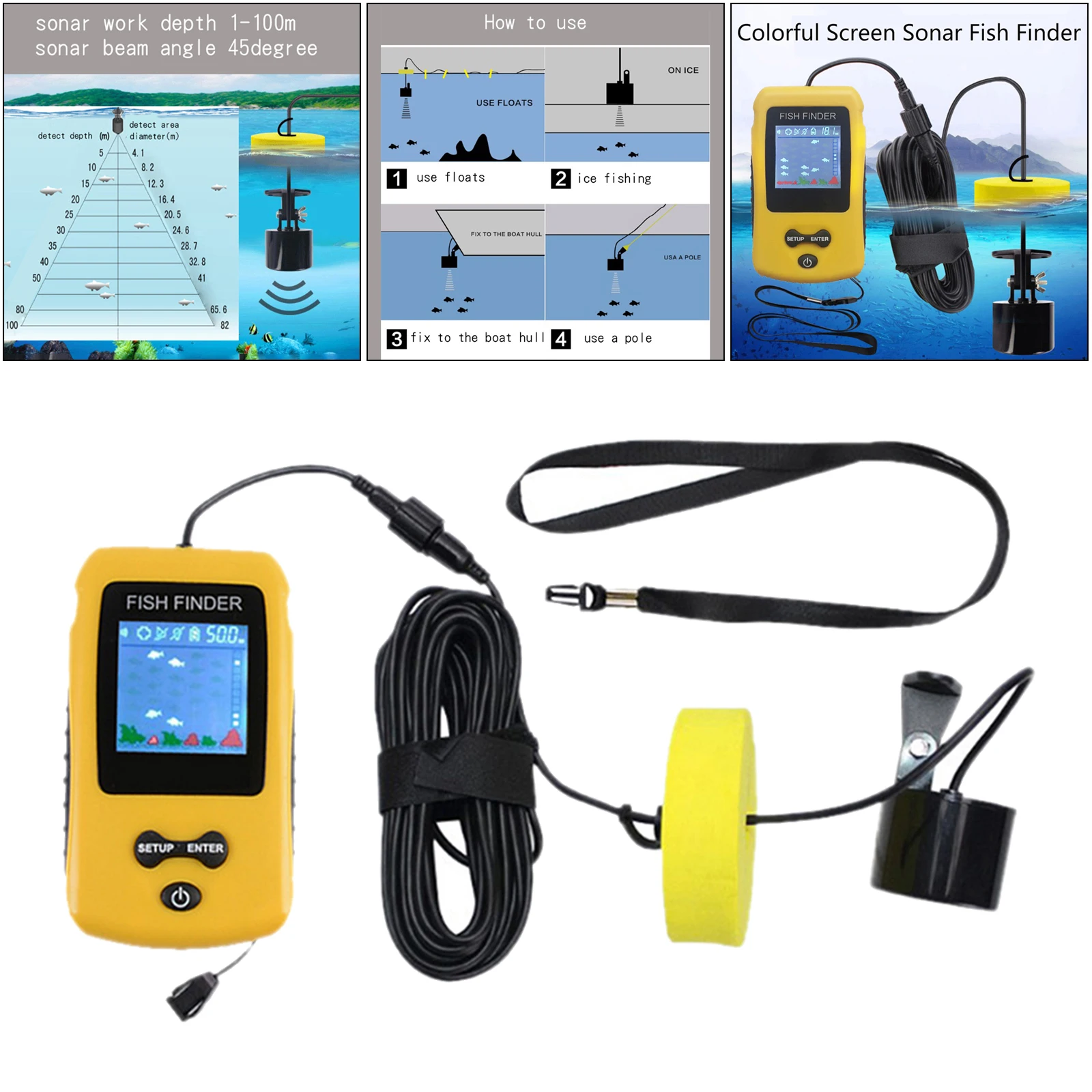 Portable Fish Finder, Contour Readout Handheld Fishfinder Depth Readout 3ft(1m)-328ft (100m) with Sonar Sensor Transducer