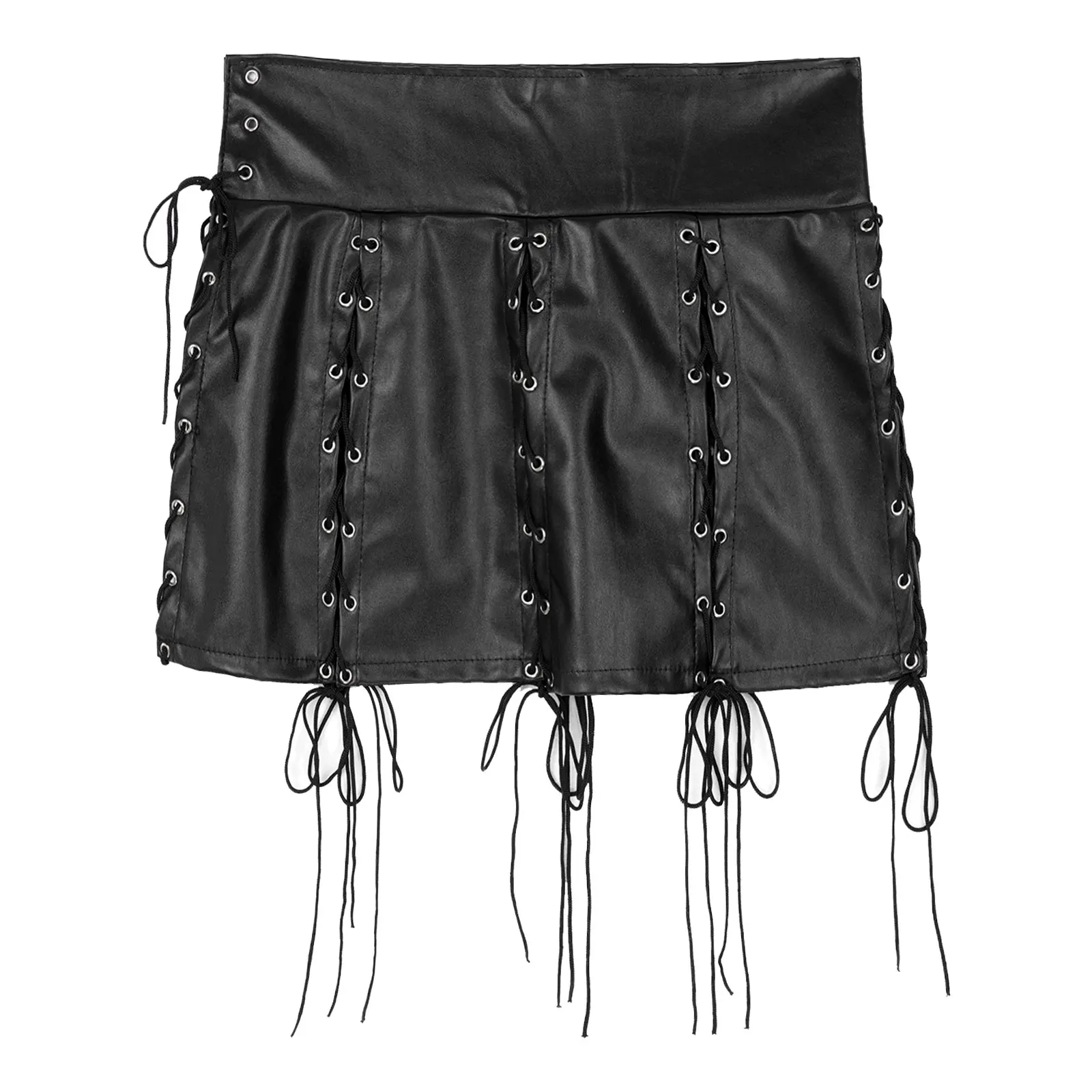 Ladies Women Sexy Skirt Gothic Fashion Punk Hollow Out Lace-up Wetlook Faux Leather Skirt Nightclub Party Rock Concert Miniskirt